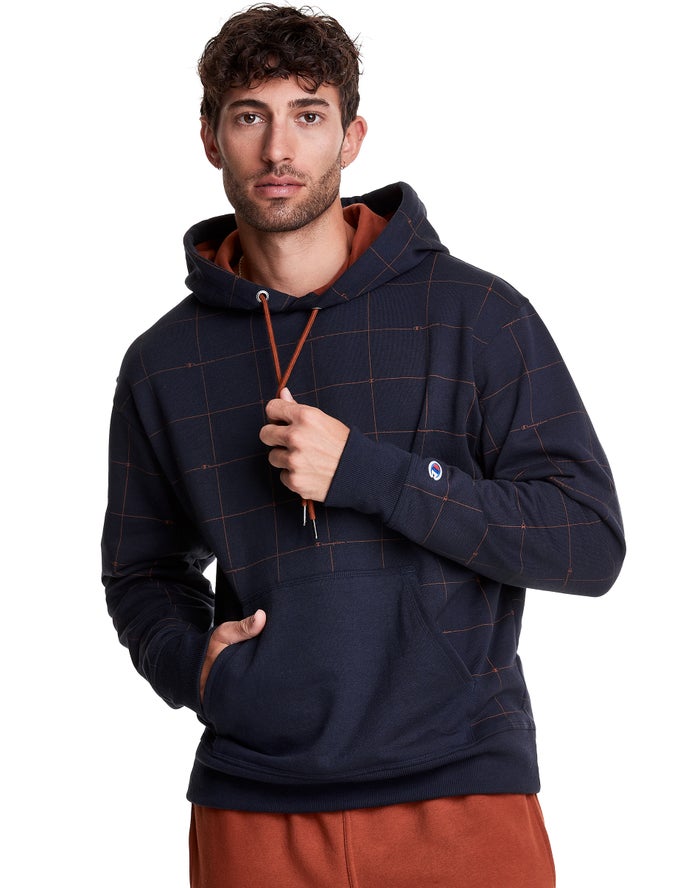 Champion Mens Hoodie NZ - Powerblend All Over Logo Navy ( 0863-GSAYK )